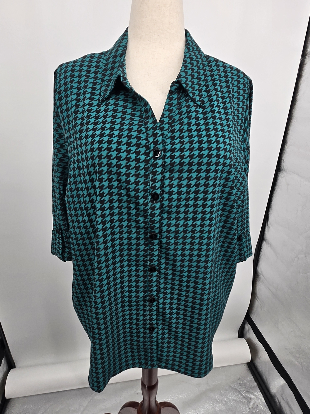 Catherines Teal Green Black Houndstooth Button-Front Shirt 18/20WP NWT (8606)